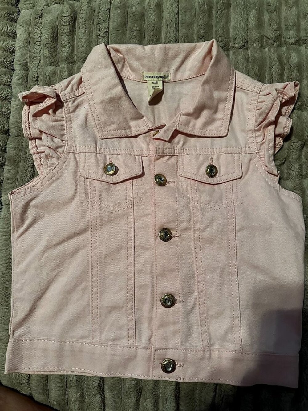 One Step Up Girls Pink Twill Vest with Ruffle Cap Sleeves and Gold & Crystal Rhi